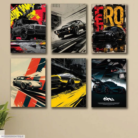 6 Pcs Multicolor Car Wall Art 8x11 Inch
